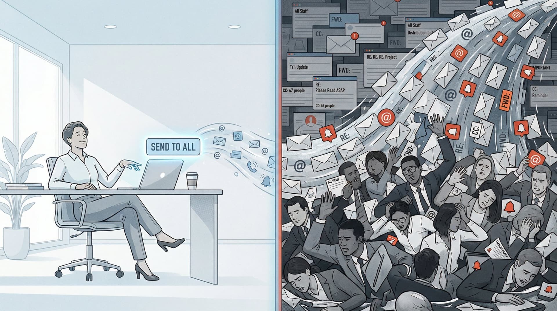 Editorial illustration showing one person clicking send while dozens of people are overwhelmed by cascading emails